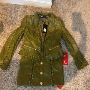 Olive Green Lace-Up Faux Leather Jacket 2-Piece Set – Top S / Bottom XS